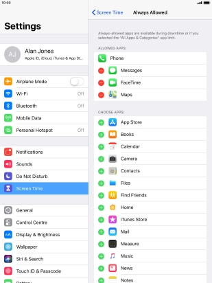 Press the add icon next to the required app to add it to the list of allowed apps during Downtime.