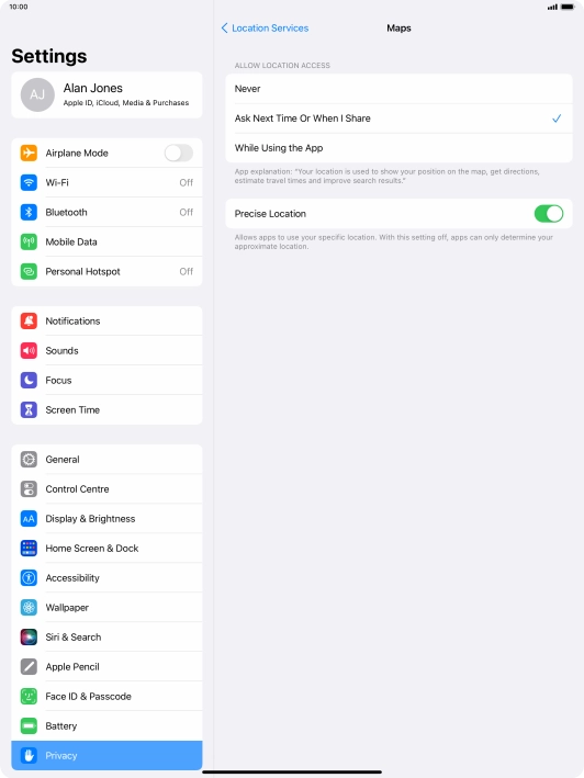 Press the required setting to turn the function on or off.