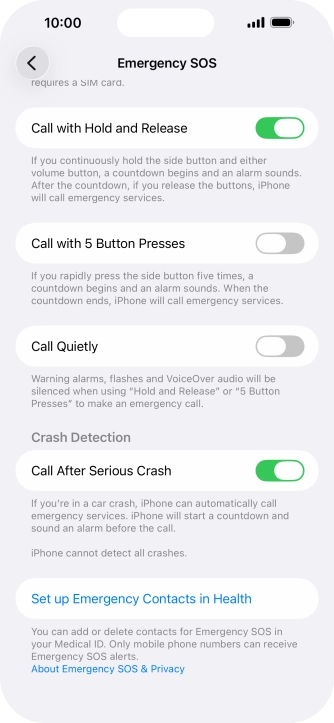 Press Set up Emergency Contacts in Health and follow the instructions on the screen to key in your emergency info and emergency contacts. Press Set up Emergency Contacts in Health and follow the instructions on the screen to key in your emergency info and emergency contacts.