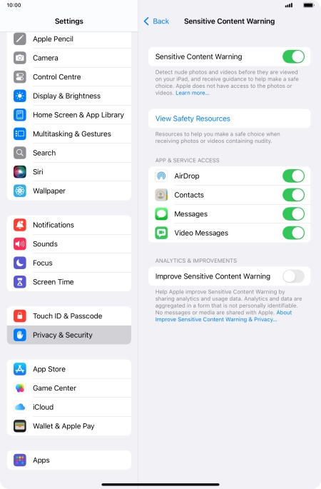 Press the indicators next to the required applications to turn the function on or off.
