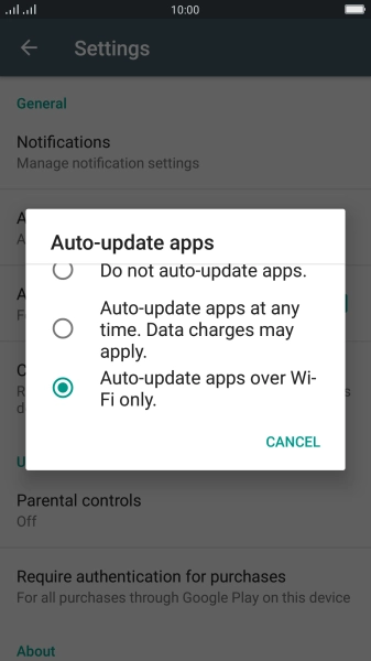 To turn on automatic update of apps using Wi-Fi, press Auto-update apps over Wi-Fi only..