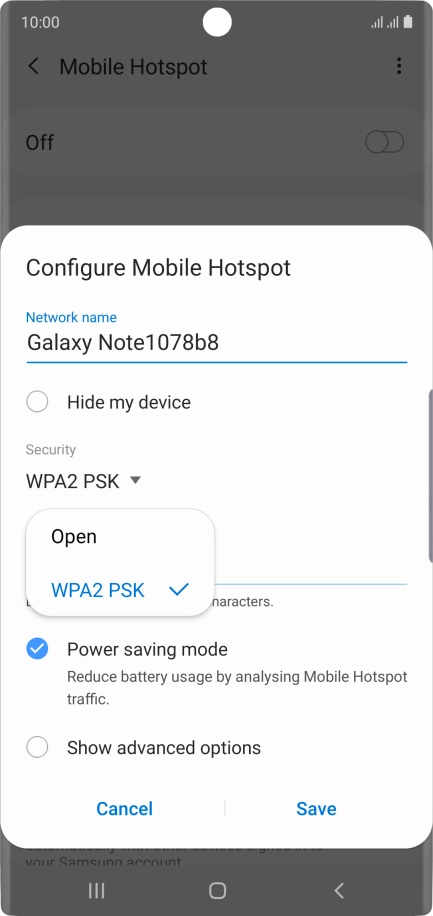 Press WPA2 PSK to password protect your Wi-Fi hotspot.
