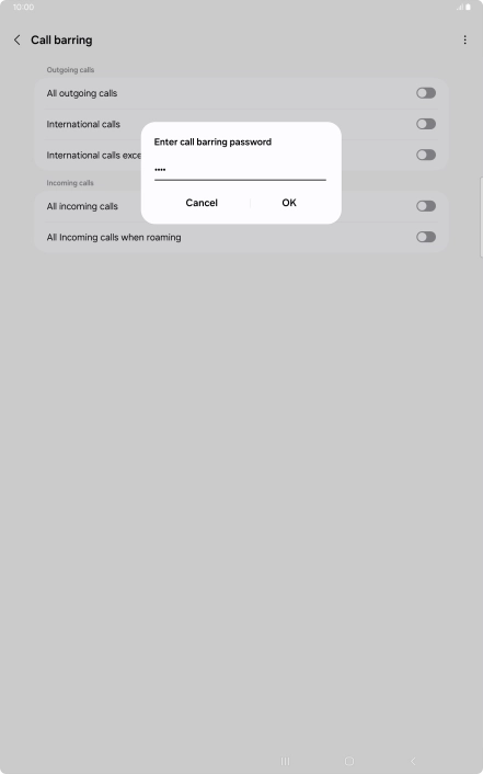 Key in your barring password and press OK. The default barring password is 0000.