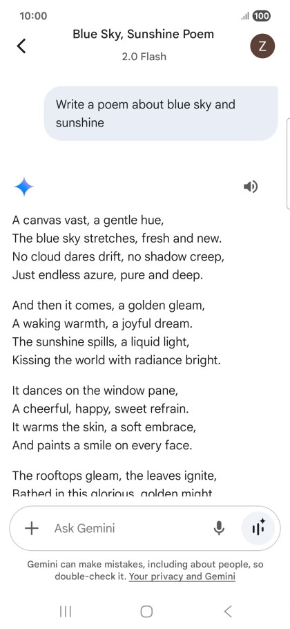 You can ask Gemini to generate a text based on your description. You can ask Gemini to generate a text based on your description.