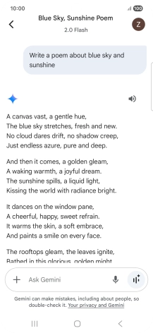 You can ask Gemini to generate a text based on your description. You can ask Gemini to generate a text based on your description.