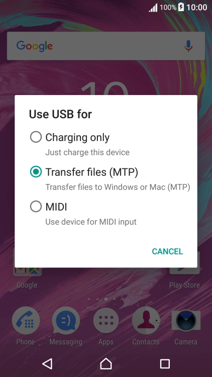 Press Transfer files (MTP). Press Transfer files (MTP).