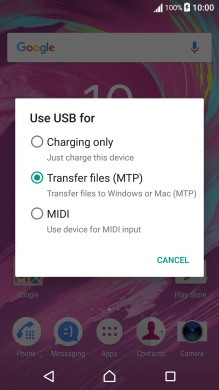 Press Transfer files (MTP). Press Transfer files (MTP).
