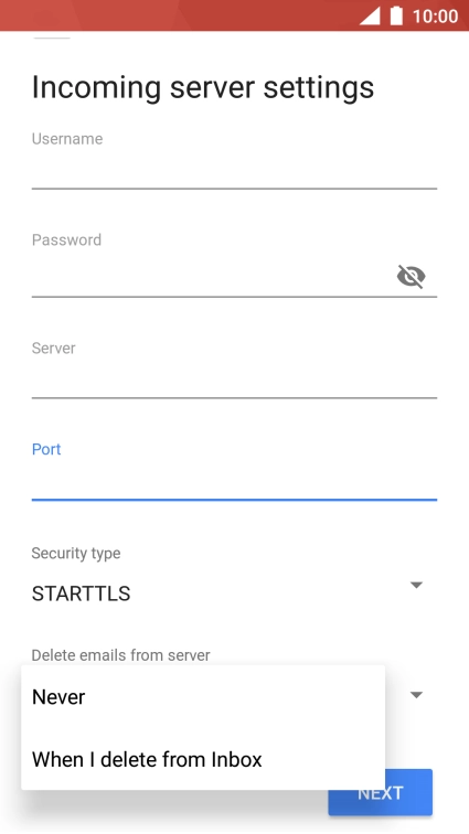 Press Never to keep email messages on the server when you delete them on your phone.