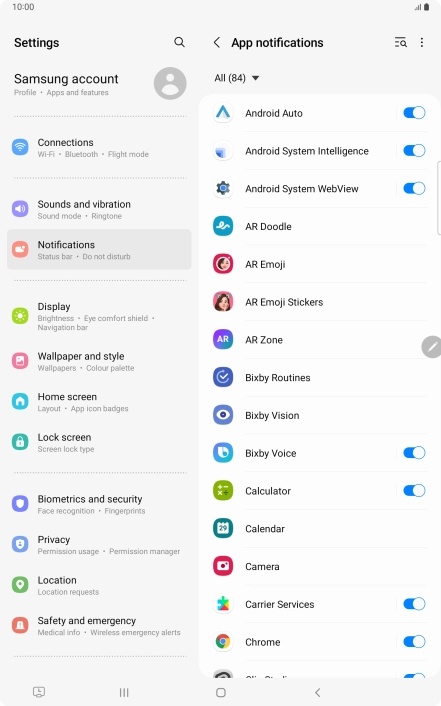 Press the indicators next to the required apps to turn the function on or off.