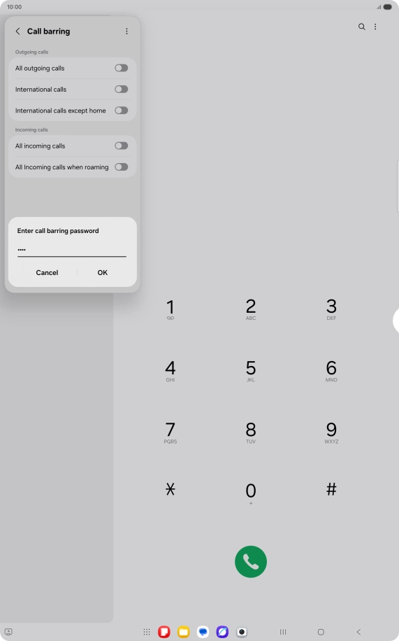 Key in your barring password and press OK. The default barring password is 0000. Key in your barring password and press OK. The default barring password is 0000.