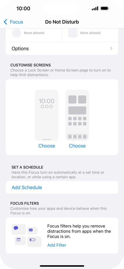 Press Add Schedule and follow the instructions on the screen to select settings for automatic activation of Do Not Disturb.