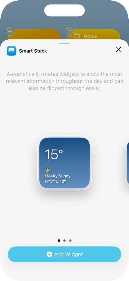 Slide your finger right or left on the screen to select the required widget size.