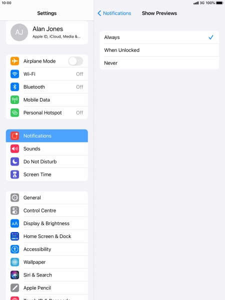 To select notification preview on the lock screen, press Always.