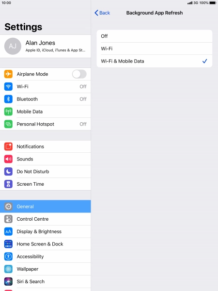 To turn off background refresh of apps, press Off.