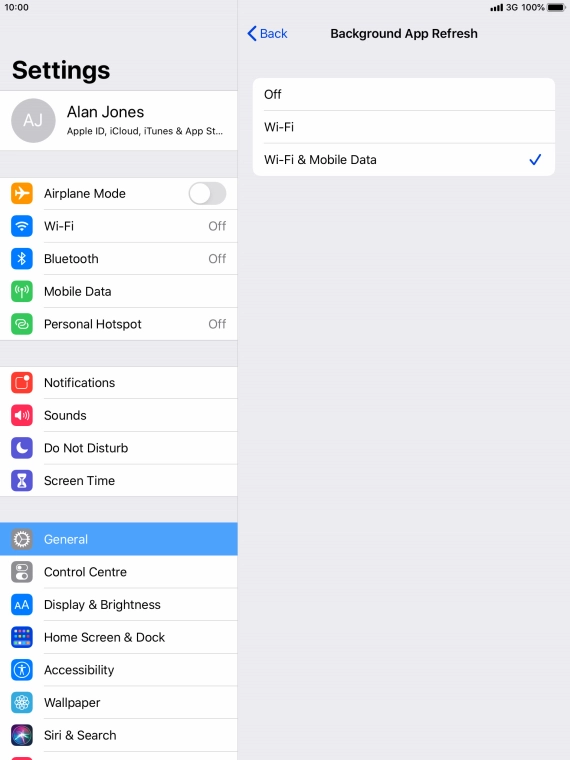 To turn off background refresh of apps, press Off.
