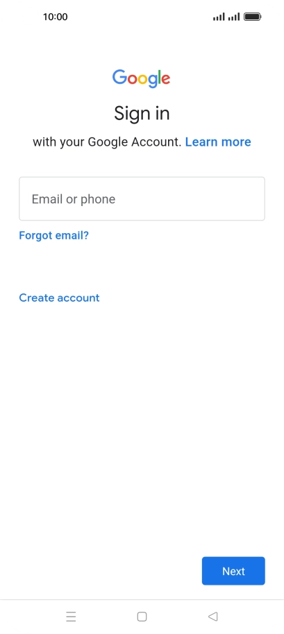 If you don't have a Google account, press Create account and follow the instructions on the screen to create an account.