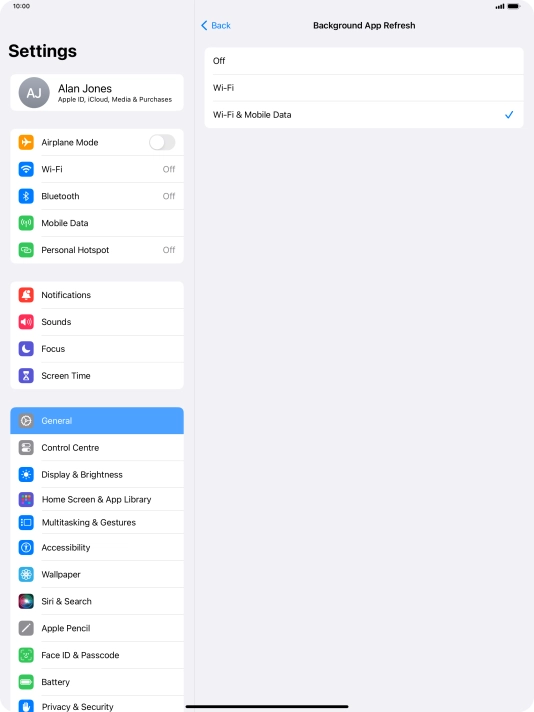To turn off background refresh of apps, press Off. To turn off background refresh of apps, press Off.