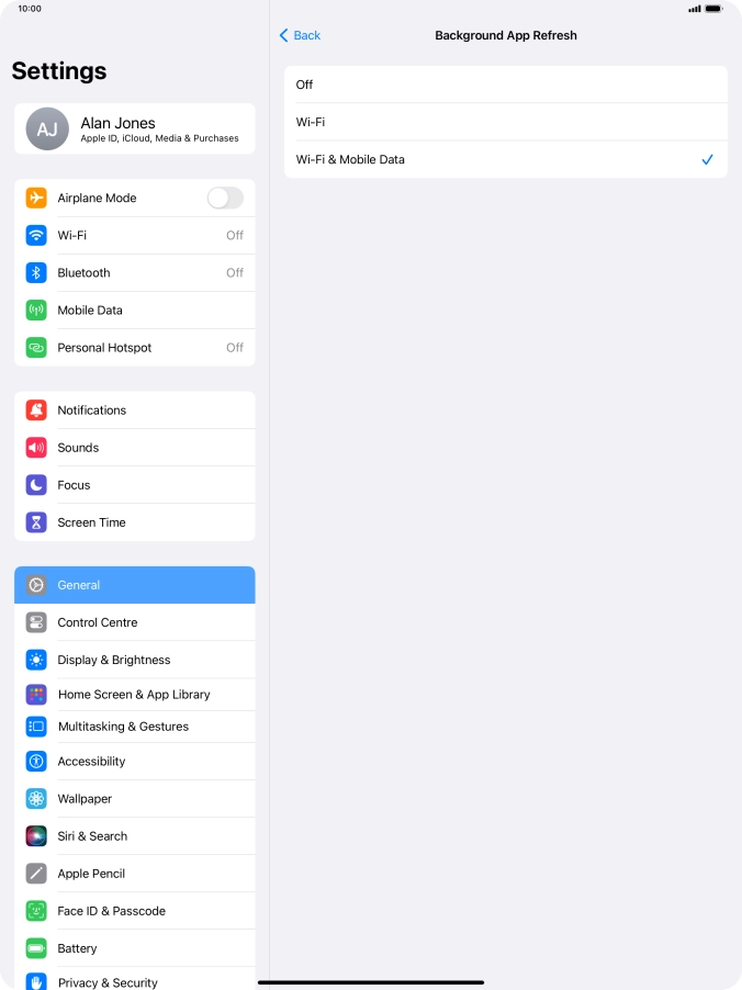To turn off background refresh of apps, press Off. To turn off background refresh of apps, press Off.