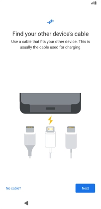 If you have a cable which can connect the two phones, insert the cable and follow the instructions on the screen to transfer content to your phone. If you don’t have a cable, press No cable?.