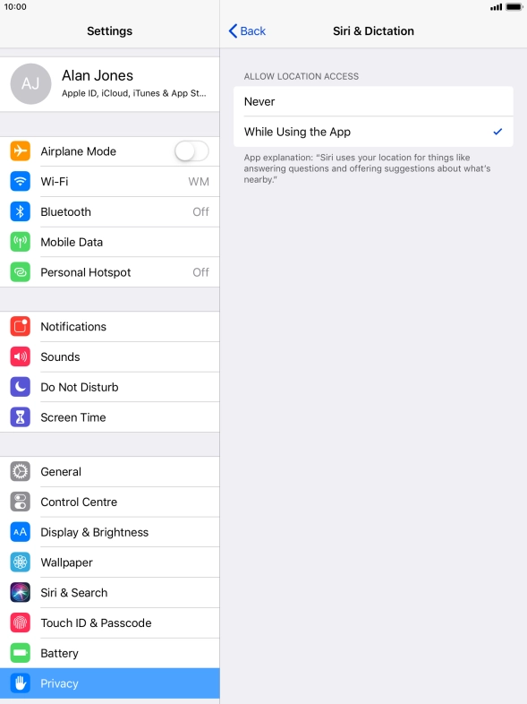 Press the required setting to turn the function on or off.