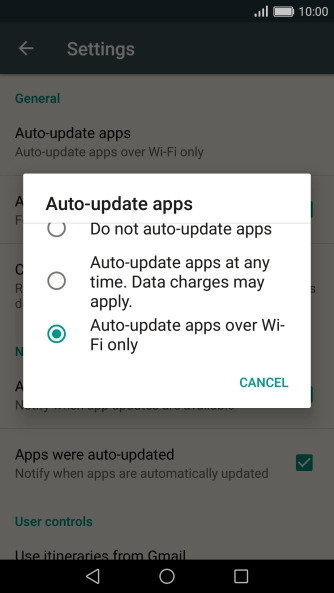 Press Auto-update apps over Wi-Fi only to turn on the function.