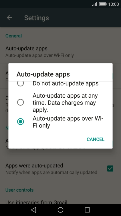 Press Auto-update apps over Wi-Fi only to turn on the function.
