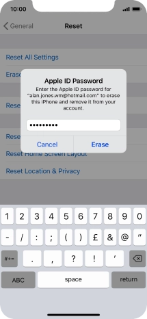 Key in the password for your Apple ID and press Erase. Wait a moment while the factory default settings are restored. Follow the instructions on the screen to set up your phone and prepare it for use.