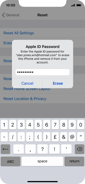 Key in the password for your Apple ID and press Erase. Wait a moment while the factory default settings are restored. Follow the instructions on the screen to set up your phone and prepare it for use.