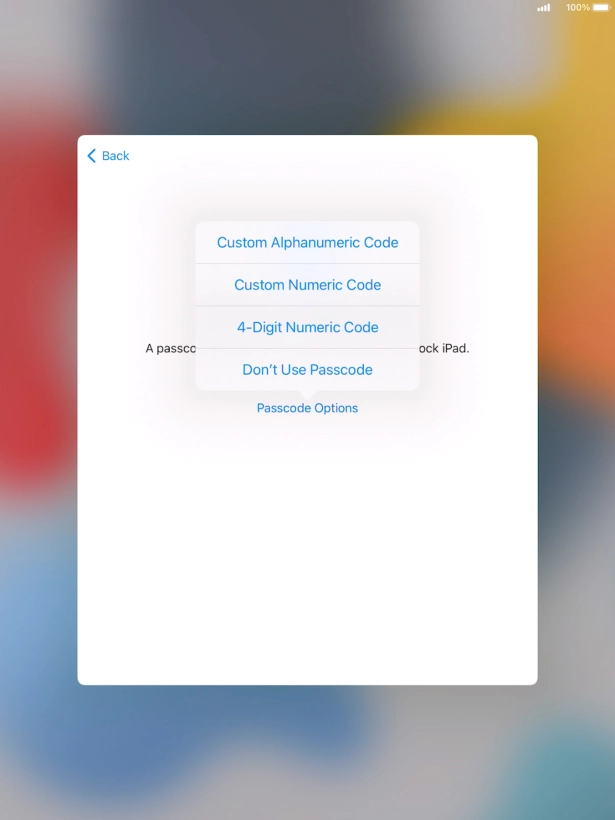 Follow the instructions on the screen to turn on use of lock code or press Don't Use Passcode.