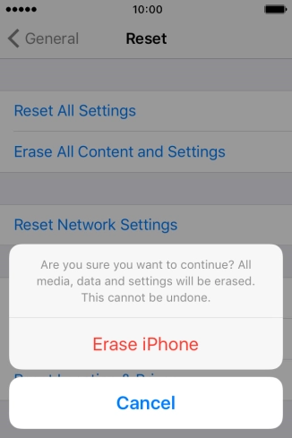 Press Erase iPhone. Wait a moment while the factory default settings are restored. 
Follow the instructions on the screen to set up your phone and prepare it for use.