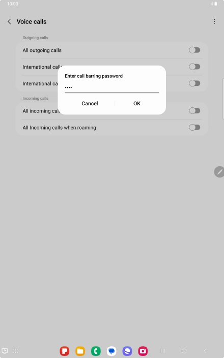 Key in your barring password and press OK. The default barring password is 0000.