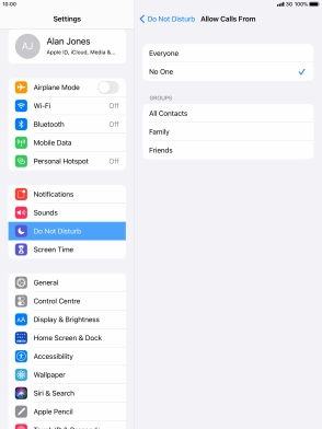 Press the required setting to select which contacts can call you even though Do Not Disturb is turned on. Press the required setting to select which contacts can call you even though Do Not Disturb is turned on.