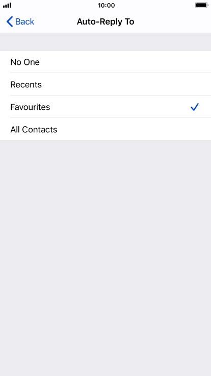 Press the required setting to select which contacts should automatically be notified that Do Not Disturb While Driving is turned on.