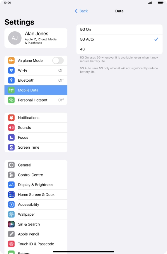 To turn on use of 5G primarily, press 5G On.