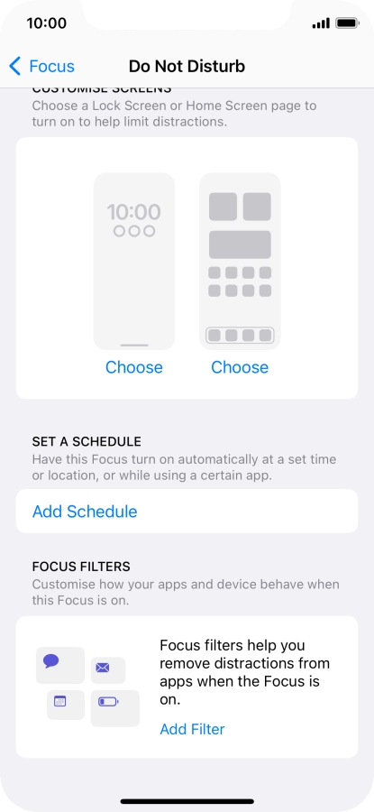 Press Add Schedule and follow the instructions on the screen to select settings for automatic activation of Do Not Disturb.
