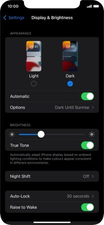 If you turn on the function, press Options and follow the instructions on the screen to select the required period of time for Dark Mode.