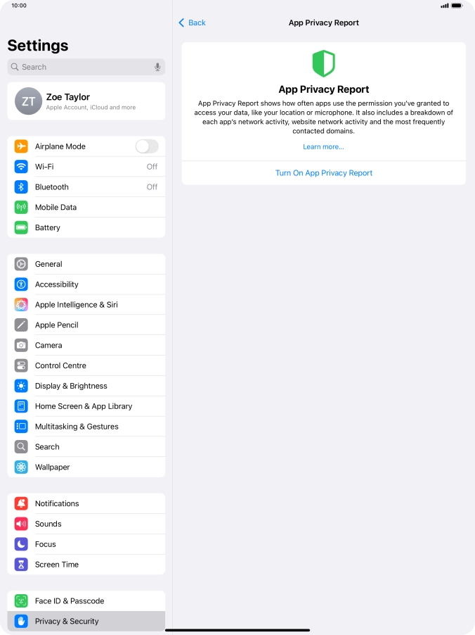 Press Turn On App Privacy Report to turn on the function.