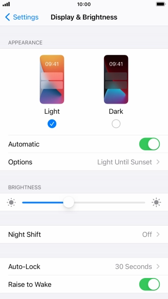 If you turn on the function, press Options and follow the instructions on the screen to select the required period of time for Dark Mode.