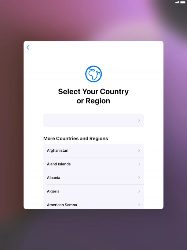 Press the required country or area. Press the required country or area.