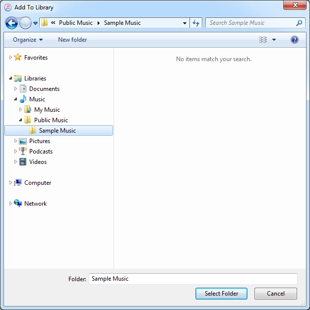 Go to the required file or folder in your computer's file system and follow the instructions on the screen to add a file or folder to the iTunes library.
