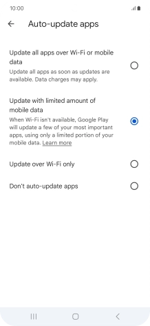 To turn on automatic update of apps using mobile network, press Update all apps over Wi-Fi or mobile data.