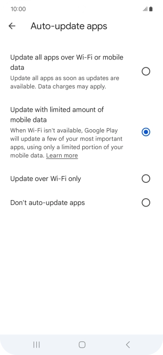 To turn on automatic update of apps using mobile network, press Update all apps over Wi-Fi or mobile data.