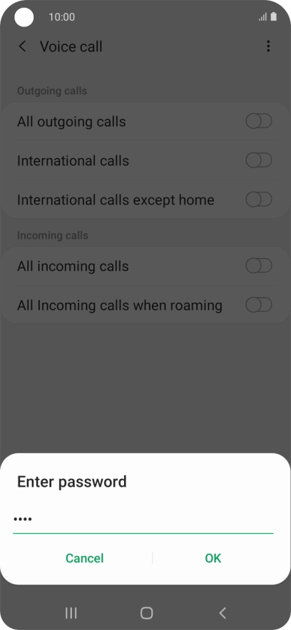 Key in your barring password and press OK. The default barring password is 0000.