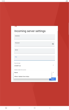 Press Never to keep email messages on the server when you delete them on your tablet.
