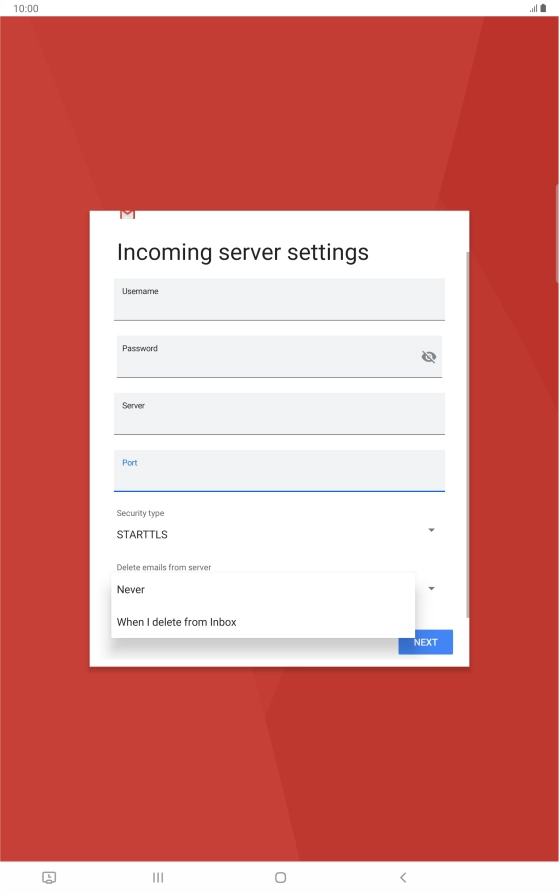 Press Never to keep email messages on the server when you delete them on your tablet.