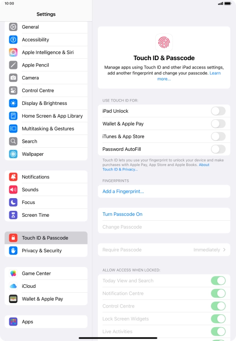 Press Turn Passcode On and key in a lock code of your own choice twice.