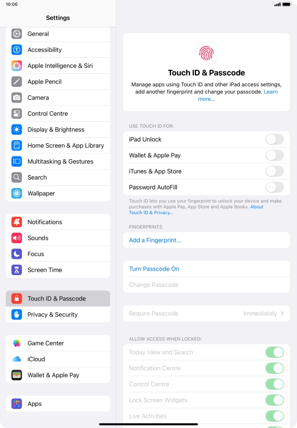 Press Turn Passcode On and key in a lock code of your own choice twice.