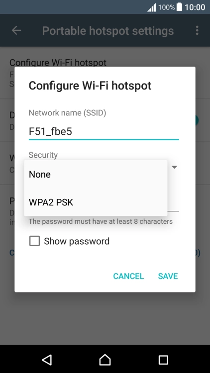 Press WPA2 PSK to password protect your Wi-Fi hotspot. Press WPA2 PSK to password protect your Wi-Fi hotspot.
