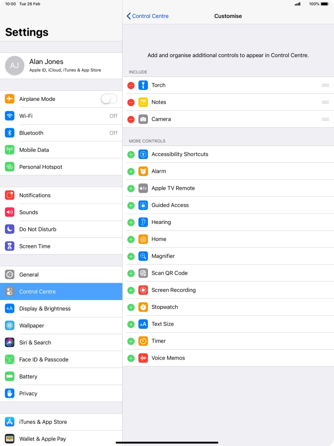 Press the delete icon next to the required function to remove it from Control Centre.