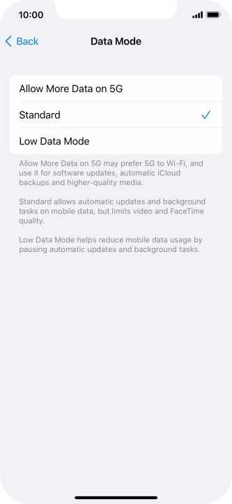 Press the required setting.